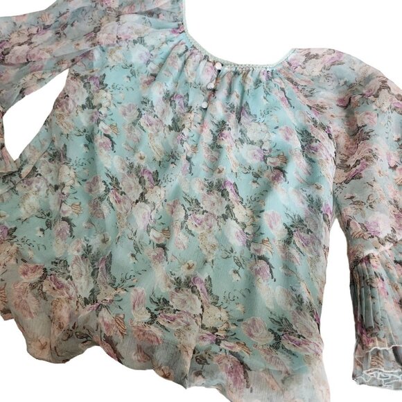 Floral Sheer Bell Sleeve Pleated Blouse Rose Pastel fairy‎ Small Romantic - Picture 9 of 16